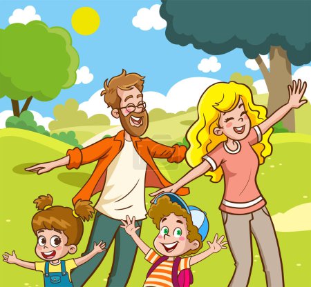 Téléchargez les illustrations : Famille heureuse : mère, père, enfant fils et fille dans la nature - en licence libre de droit