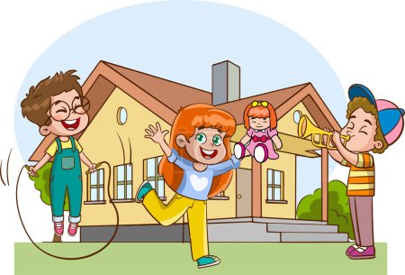 Illustration for Children Playing in the Yard of Their House Cartoon Style Vector Illustration - Royalty Free Image