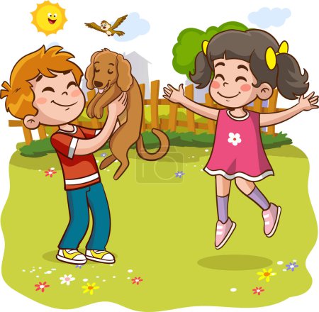 Illustration for Vector illustration of children playing and loving with dog - Royalty Free Image