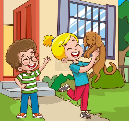Téléchargez les illustrations : Illustration vectorielle d'enfants jouant et aimant avec chien - en licence libre de droit