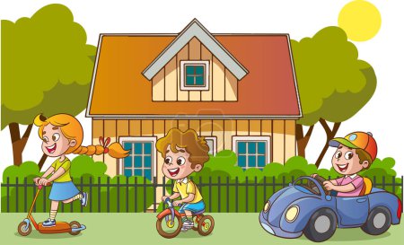 Téléchargez les illustrations : Enfants jouant dans la cour de leur maison Illustration vectorielle de style bande dessinée - en licence libre de droit