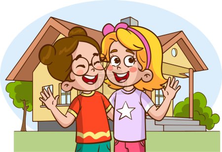 Téléchargez les illustrations : Deux joyeux petits enfants mignons meilleur ami étreignant les uns les autres - en licence libre de droit