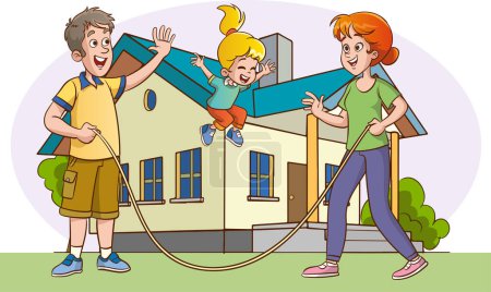 Téléchargez les illustrations : Joyeux famille jouant à la corde sautante devant leur maison. Illustration vectorielle. - en licence libre de droit