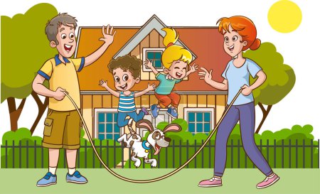 Illustration for Happy family playing jumping rope in front of their house. Vector illustration. - Royalty Free Image