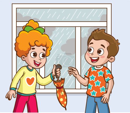 Illustration for Vector illustration of girl giving umbrella to her friend - Royalty Free Image