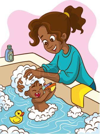 Téléchargez les illustrations : Illustration vectorielle de mère lavant son petit enfant dans la salle de bain - en licence libre de droit