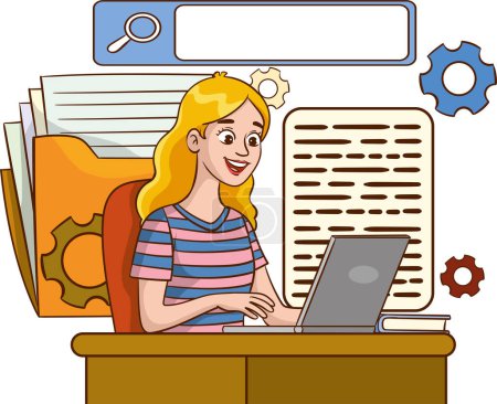 Téléchargez les illustrations : Femme travaillant à l'ordinateur avec un dossier en arrière-plan, illustration vectorielle - en licence libre de droit
