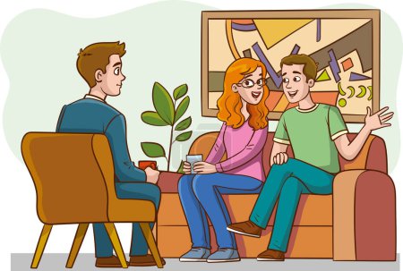Ilustración de Ilustración vectorial de una pareja sentada en un sofá y hablando con un psicólogo - Imagen libre de derechos