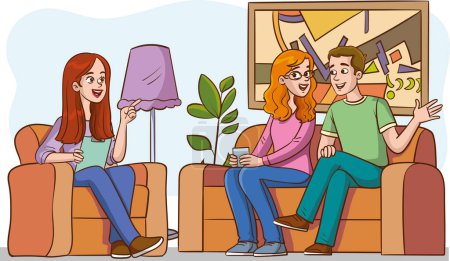 Téléchargez les illustrations : Illustration vectorielle d'un couple assis sur un canapé et parlant à un psychologue - en licence libre de droit