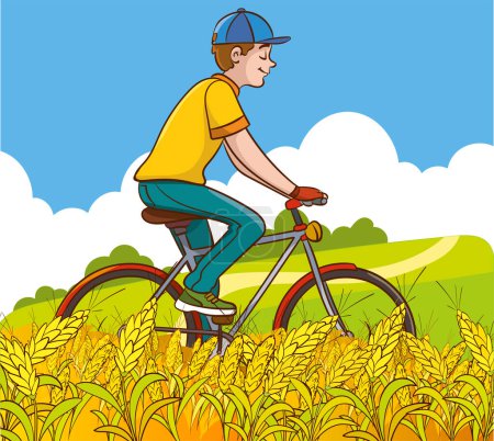 Téléchargez les illustrations : Homme en vélo dans la nature. Illustration vectorielle dans le style dessin animé. - en licence libre de droit