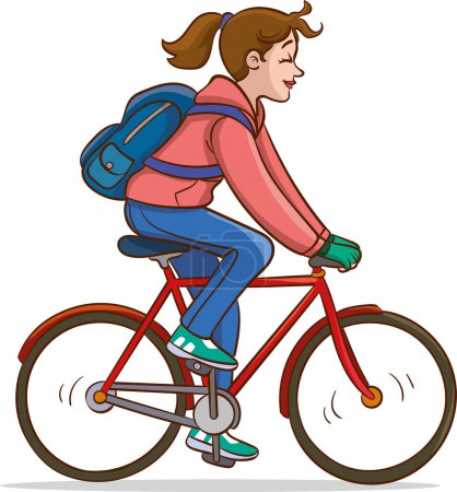 Téléchargez les illustrations : Illustration vectorielle d'une jeune femme chevauchant un vélo avec un sac à dos - en licence libre de droit