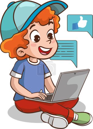 Téléchargez les illustrations : Enfants avec ordinateur portable et bulle vocale. Illustration vectorielle d'un personnage de dessin animé. - en licence libre de droit
