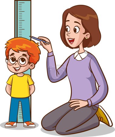 Téléchargez les illustrations : Illustration vectorielle des enfants mesurant la hauteur avec maman - en licence libre de droit