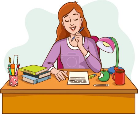 Ilustración de Ilustración vectorial de la mujer escritora que trabaja escribiendo y tomando notas - Imagen libre de derechos