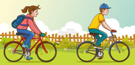Téléchargez les illustrations : Illustration vectorielle d'un couple Riding Bicyclettes dans le parc - en licence libre de droit