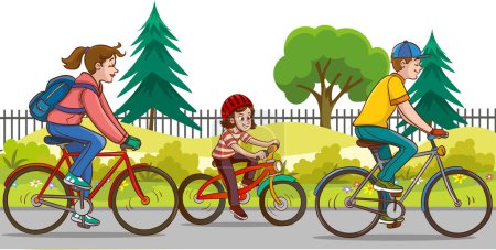 Téléchargez les illustrations : Famille à vélo dans le parc. Illustration vectorielle en style plat. - en licence libre de droit