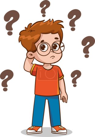Illustration for Cartoon boy with question marks on white background. Vector illustration. - Royalty Free Image