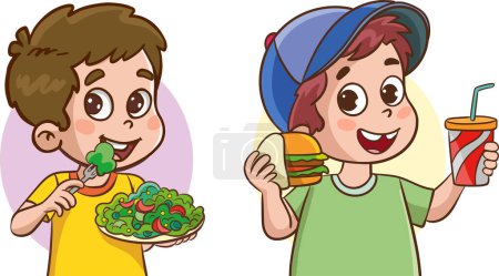 Illustration for Boy Eating Fast Food and Boy Eating Salad - Royalty Free Image