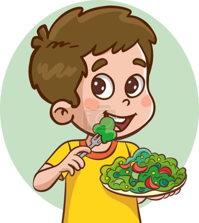 Téléchargez les illustrations : Illustration vectorielle de garçon mangeant de la salade - en licence libre de droit