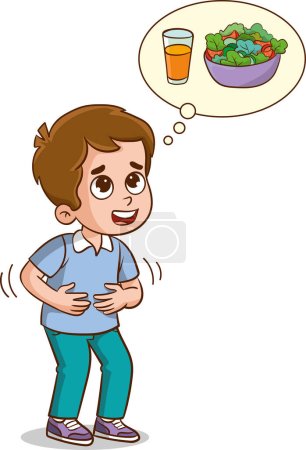 Téléchargez les illustrations : Illustration vectorielle d'un petit enfant pensant à une salade avec une bulle de discours - en licence libre de droit