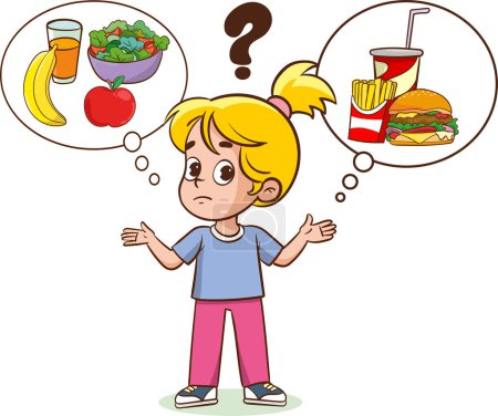 Illustration for Cute boy was thinking of choosing between junk food or healthy food. Vector illustration - Royalty Free Image