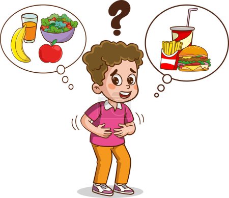 Ilustración de Lindo chico estaba pensando en elegir entre comida chatarra o comida saludable. Ilustración vectorial - Imagen libre de derechos
