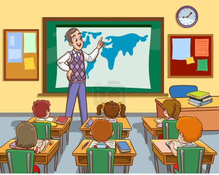 Illustration for Vector illustration of teacher and pupils in school class education - Royalty Free Image