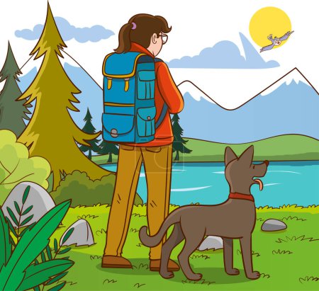 Téléchargez les illustrations : Randonneur avec sac à dos et chien dans le parc. Illustration vectorielle. - en licence libre de droit