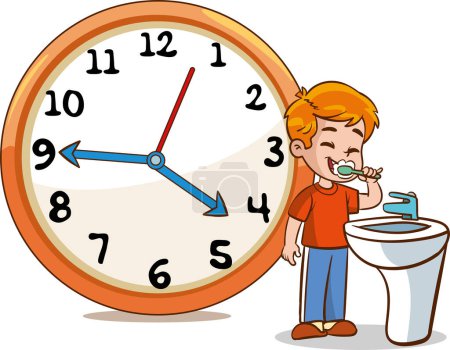 Illustration for Child brushing teeth.Daily routine with simple clocks.Vector set with kid. Funny cartoon character. Vector illustration - Royalty Free Image