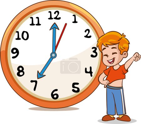 Illustration for Boy wearing his outfit.Daily routine with simple clocks.Vector set with kid. Funny cartoon character. Vector illustration - Royalty Free Image