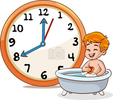Illustration for Bathing boy.Daily routine with simple clocks.Vector set with kid. Funny cartoon character. Vector illustration - Royalty Free Image