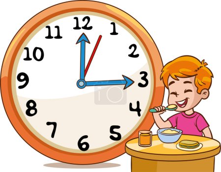 Ilustración de Niño comiendo breakfast.Daily rutina con relojes sencillos.Vector conjunto con el niño. Divertido personaje de dibujos animados. Ilustración vectorial - Imagen libre de derechos