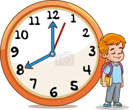 Illustration for Child going to school.Daily routine with simple clocks.Vector set with kid. Funny cartoon character. Vector illustration - Royalty Free Image