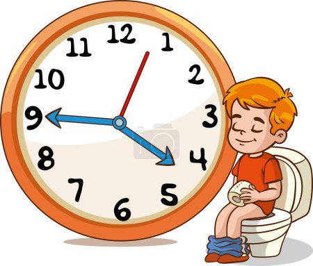 Illustration for Child going to the toilet.Daily routine with simple clocks.Vector set with kid. Funny cartoon character. Vector illustration - Royalty Free Image