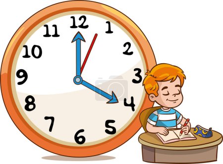 Illustration for Child studying.Daily routine with simple clocks.Vector set with kid. Funny cartoon character. Vector illustration - Royalty Free Image