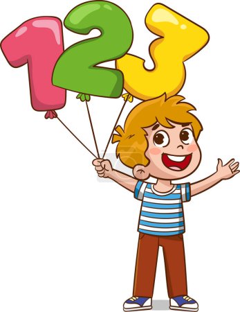 Téléchargez les illustrations : Illustration vectorielle de dessin animé de garçon tenant ballon coloré avec numéro 123 - en licence libre de droit