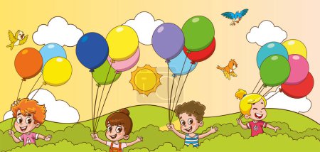 Illustration for Vector illustration of children playing with balloons - Royalty Free Image