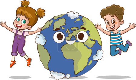 Ilustración de Ilustración vectorial de niños felices saltando alrededor de la tierra. - Imagen libre de derechos
