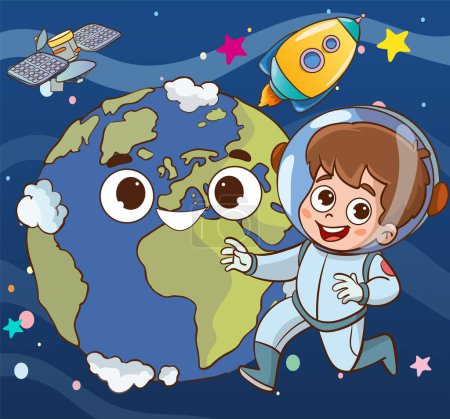 Téléchargez les illustrations : Illustration vectorielle d'un enfant astronaute heureux dans l'espace - en licence libre de droit