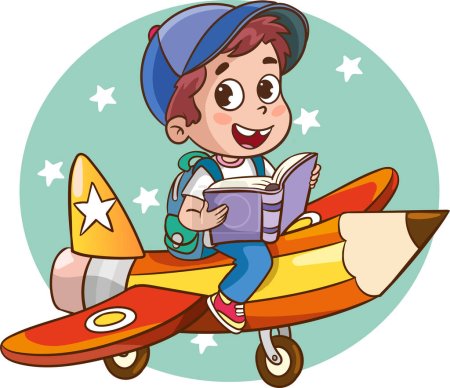 Illustration for Vector illustration cute kids flying with pencil plane - Royalty Free Image