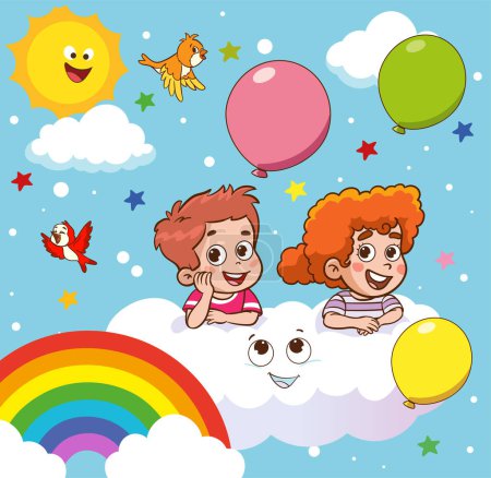 Illustration for Children on a cloud with rainbow and balloons. Vector cartoon illustration. - Royalty Free Image