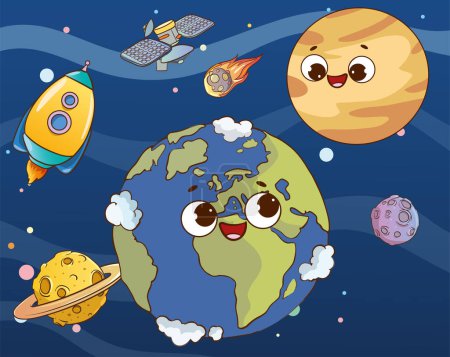 Ilustración de Tierna caricatura planeta tierra en el espacio con cohete, luna y estrellas - Imagen libre de derechos