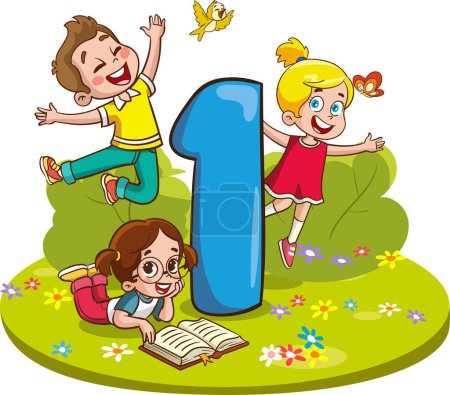 Ilustración de Ilustración de niños jugando con el número uno en el parque sobre un fondo blanco - Imagen libre de derechos