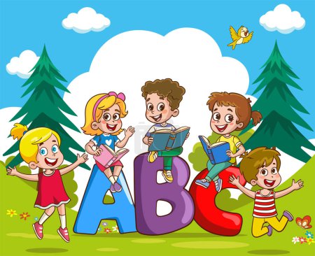 Illustration for Font design for word ABC with kids playing in the park vector illustration - Royalty Free Image