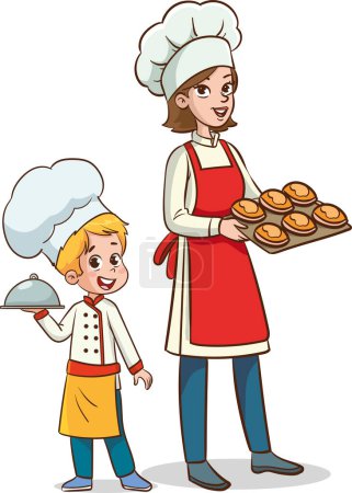 Ilustración de Madre e hijos cocinando en la cocina. Ilustración vectorial de un estilo de dibujos animados. - Imagen libre de derechos
