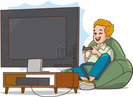 Téléchargez les illustrations : Illustration vectorielle de dessins animés d'enfants jouant à des jeux vidéo sur un canapé - en licence libre de droit