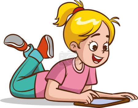 Ilustración de Ilustración de dibujos animados de linda niña acostada en el suelo con una tableta PC - Imagen libre de derechos