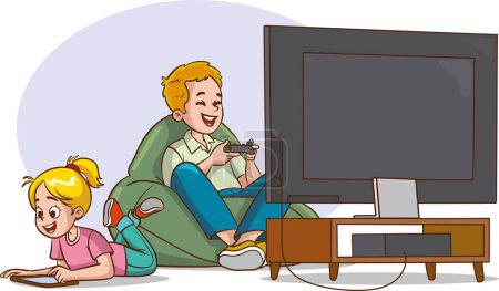 Ilustración de Vector Ilustración de niños jugando videojuegos en el sofá - Imagen libre de derechos