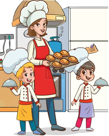 Ilustración de Madre e hijos cocinando en la cocina. Ilustración vectorial de un estilo de dibujos animados. - Imagen libre de derechos