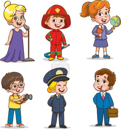 Téléchargez les photos : Dessin animé enfants heureux dans différentes professions. Illustration vectorielle. - en image libre de droit